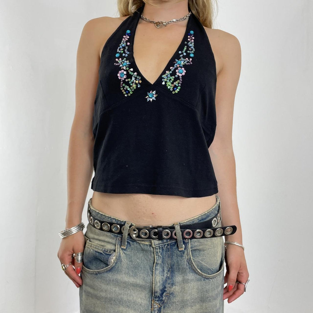 Black halterneck with multi coloured gems and sequins