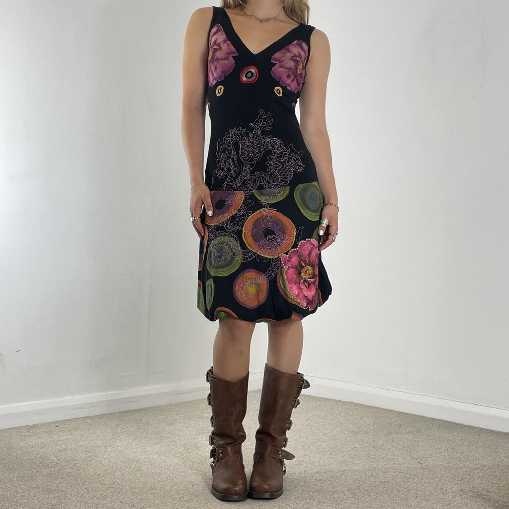 Desigual black multi-patterned V-neck dress
