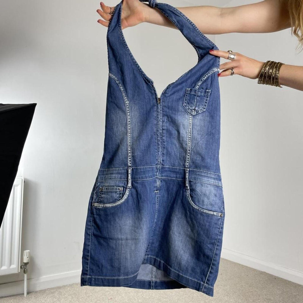 Denim low cut fitted mini dress - zip up