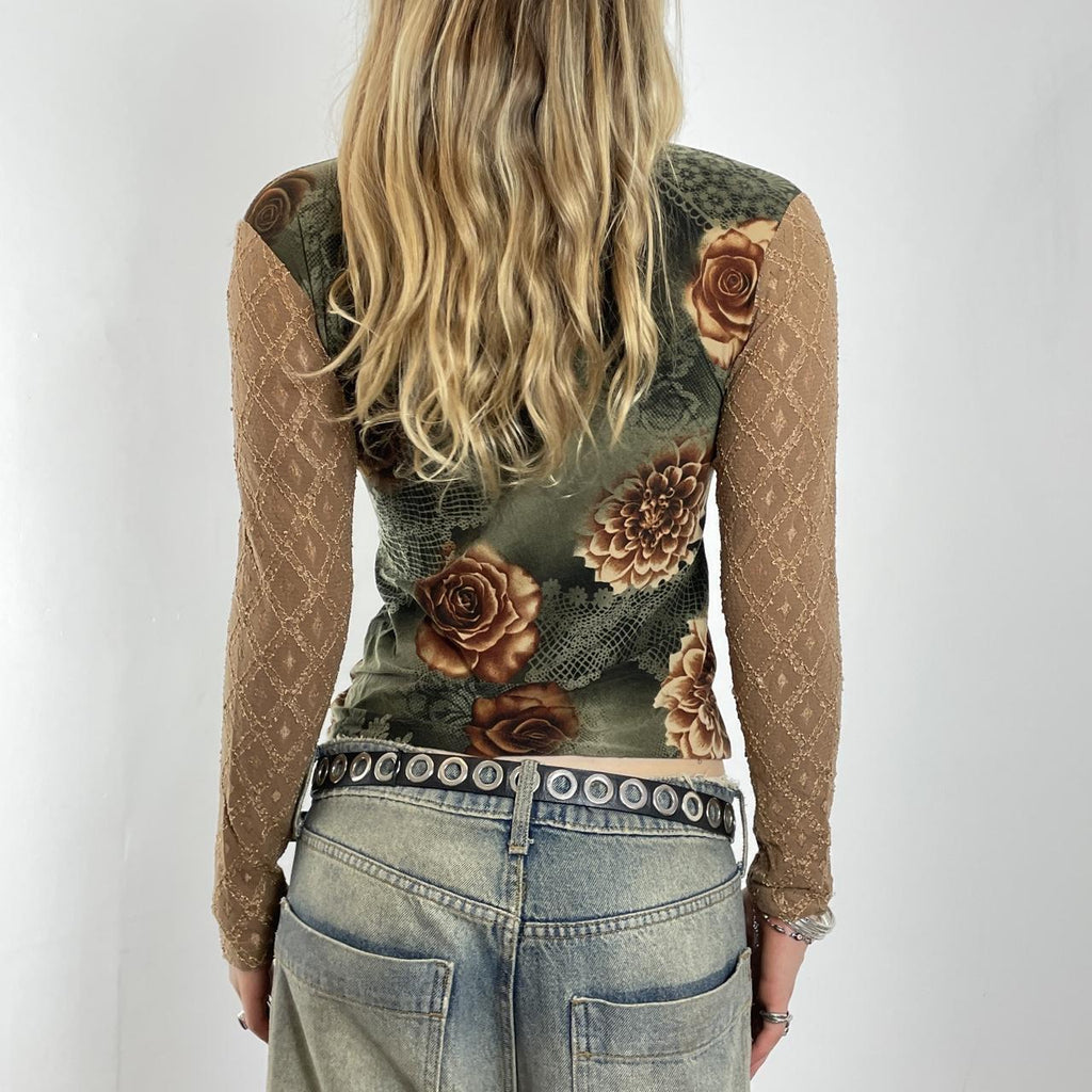 Vintage long sleeve floral print top with cream lace sleeves