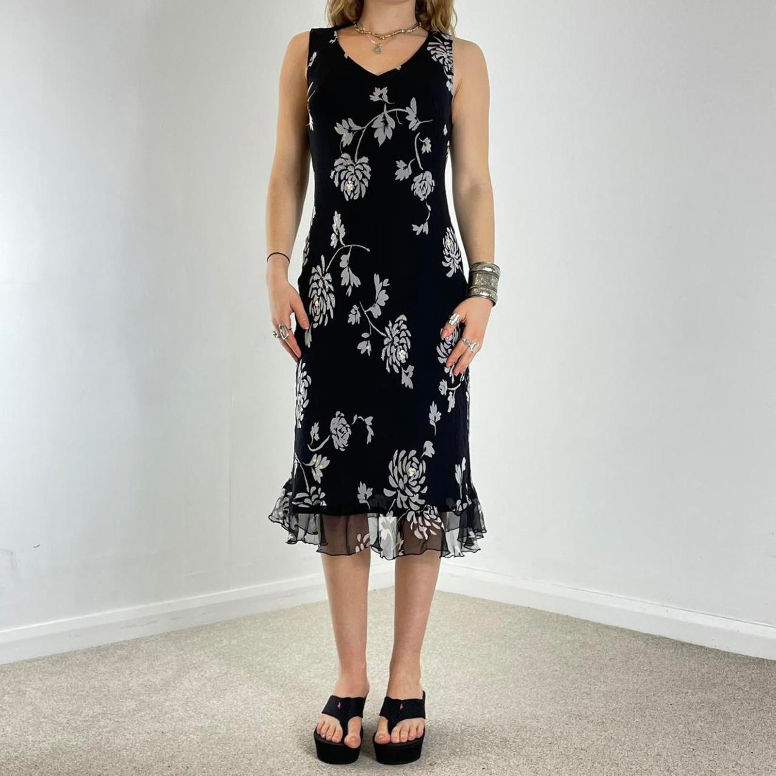 Vintage black and white floral midi dress