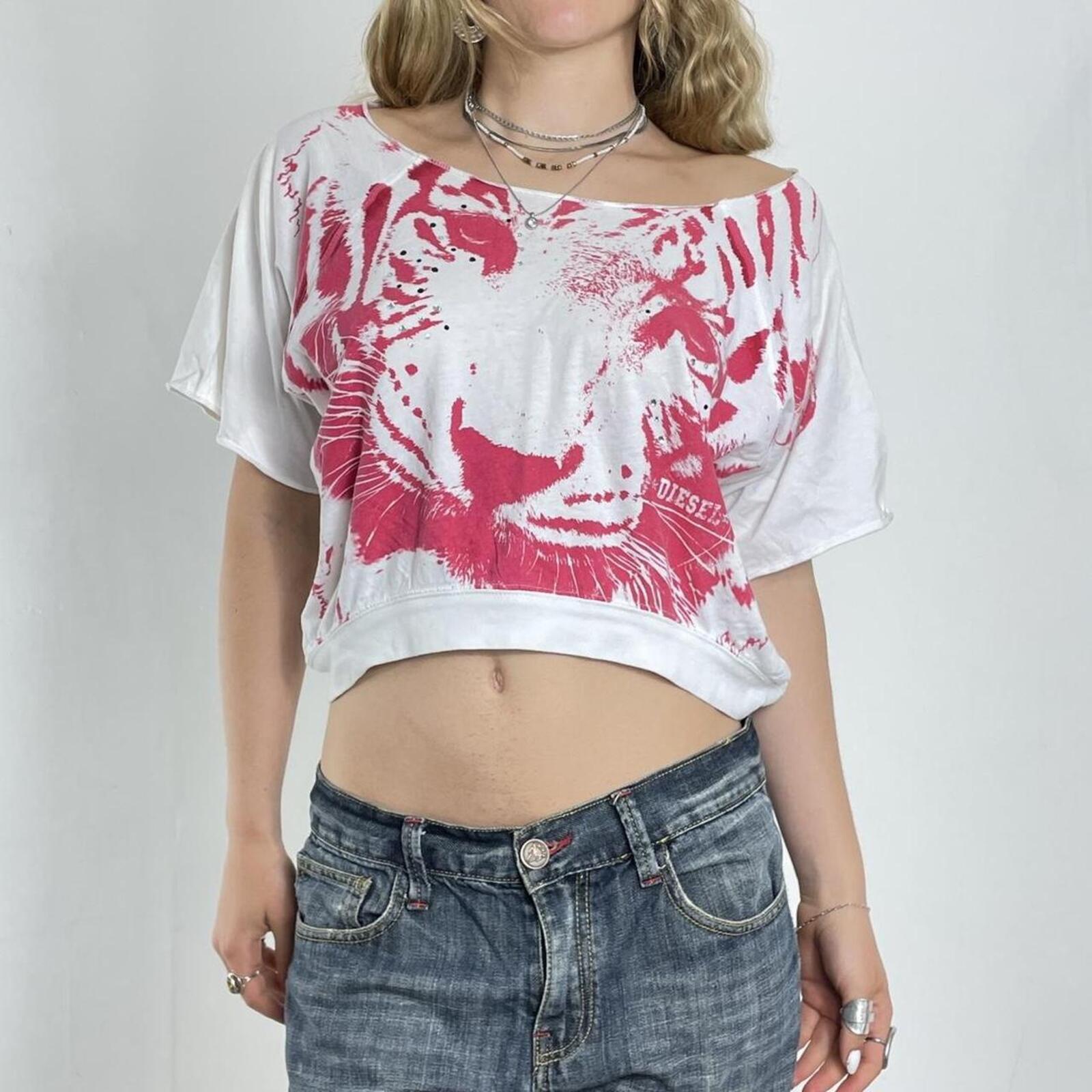 DIESEL baggy off the shoulder white and red graphic lion top