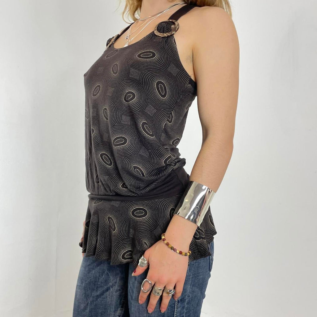 00's brown patterend longer top/dress with buckles at the top and thick brown wasit band