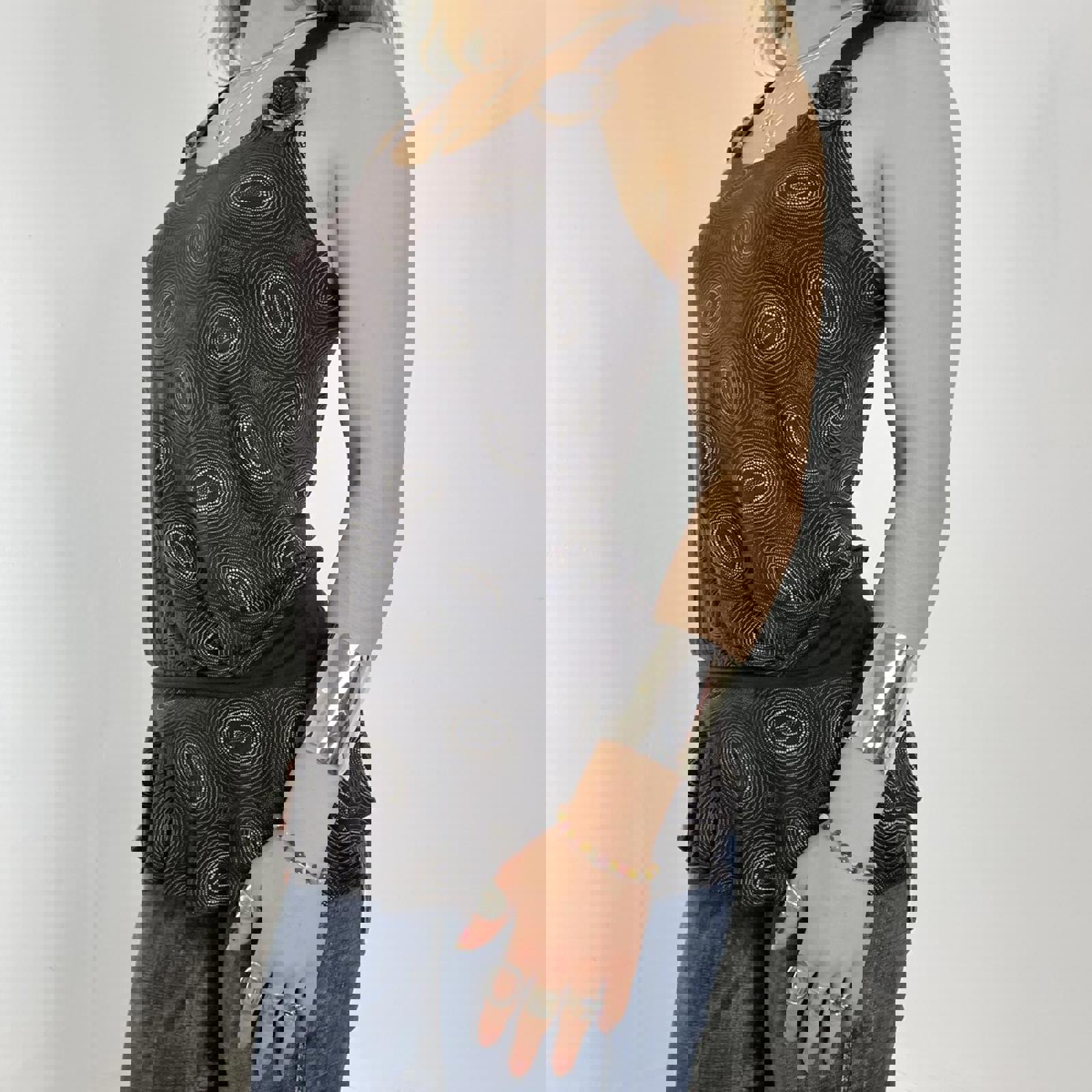 00's brown patterend longer top/dress with buckles at the top and thick brown wasit band