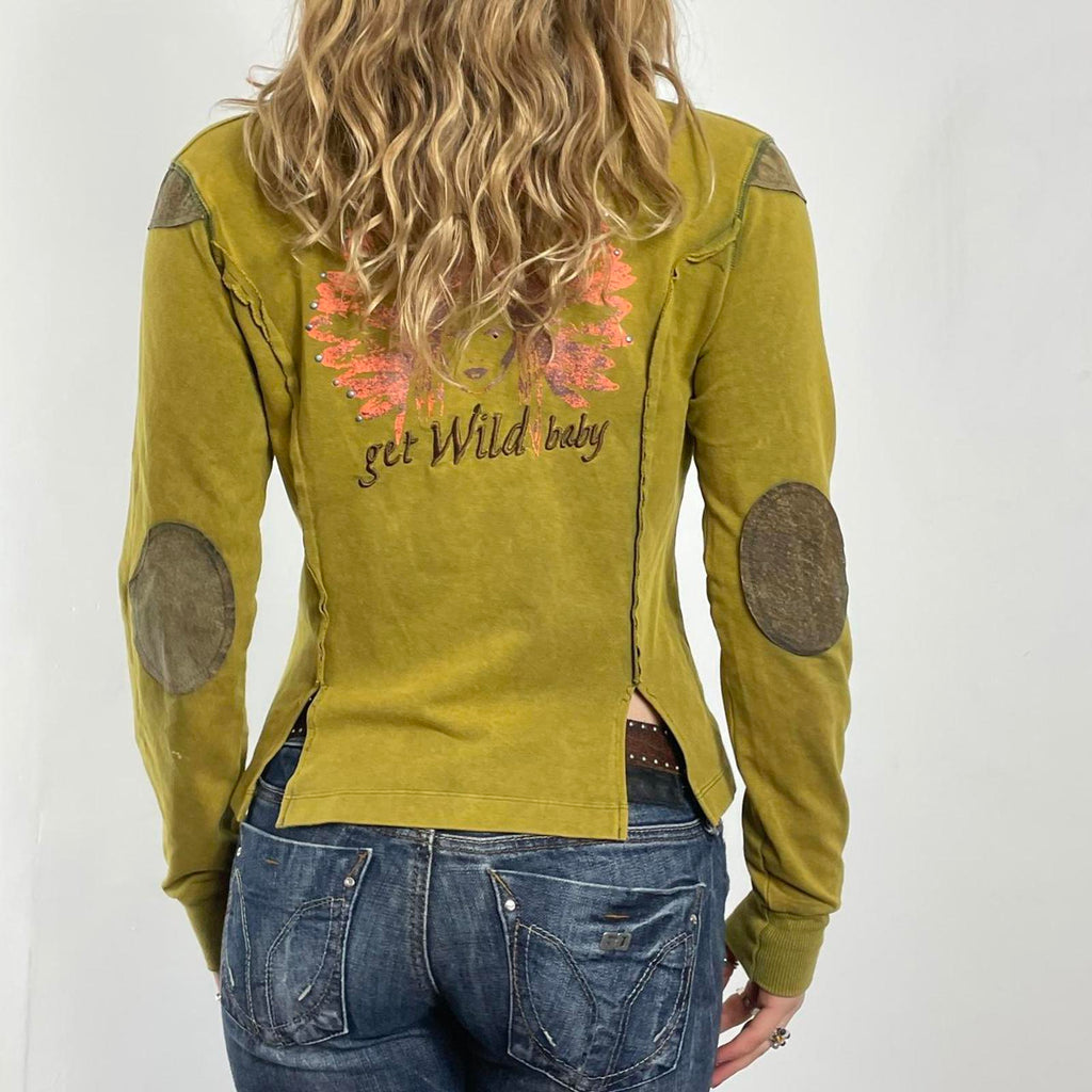 Vintage green avant garde zip up jacket with embroided details on the back and pockets.