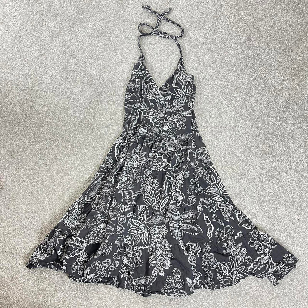 Vintage floral full length halter neck brown and white dress