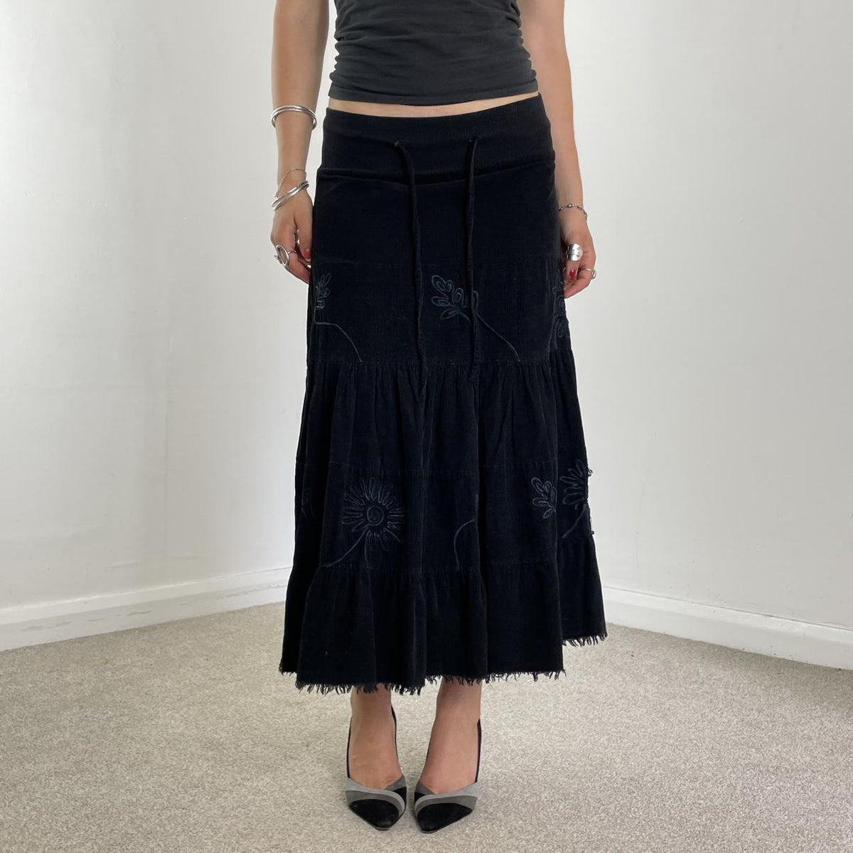 Vintage full length teired black cordorouy embroided skirt