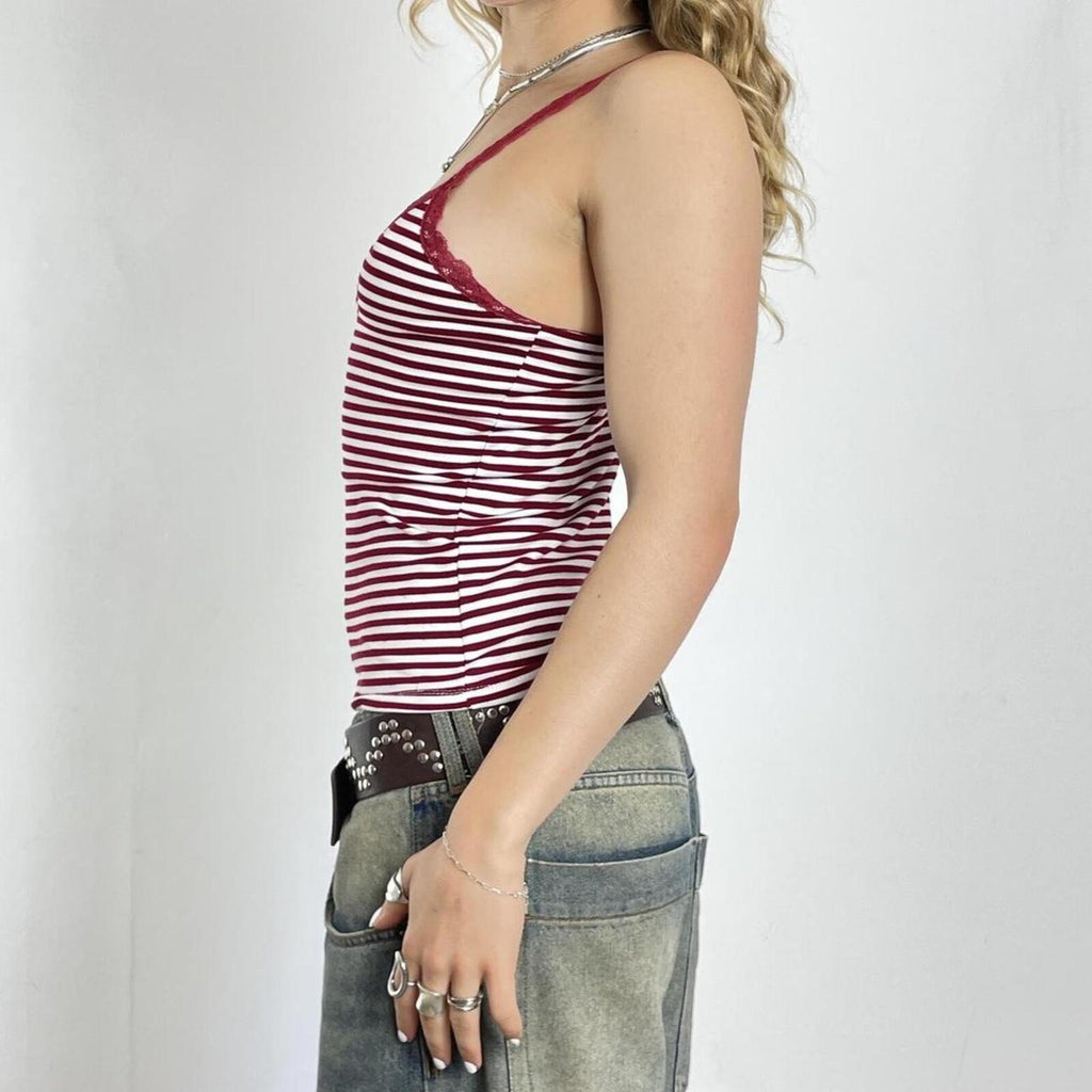 Cream and burgundy striped v cami top