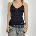 00's mesh v neck cami with rhinestone trimmins and spell out at the bottom, mesh open back