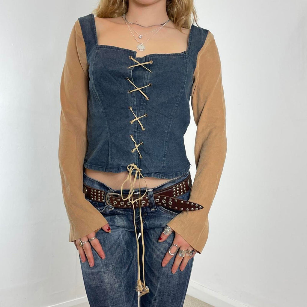 Denim and suede mustard long sleeve tie up top