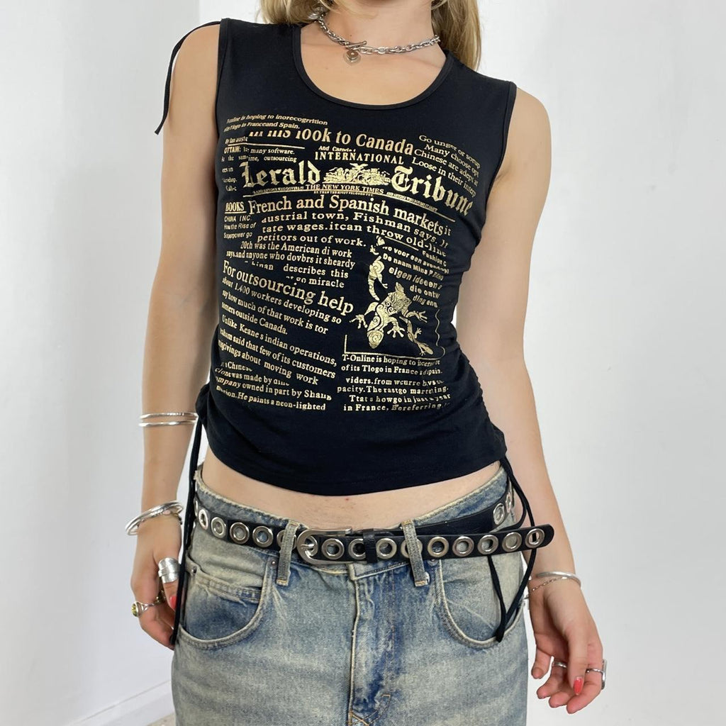 y2k Black and gold graphic tank top with adjustable straps