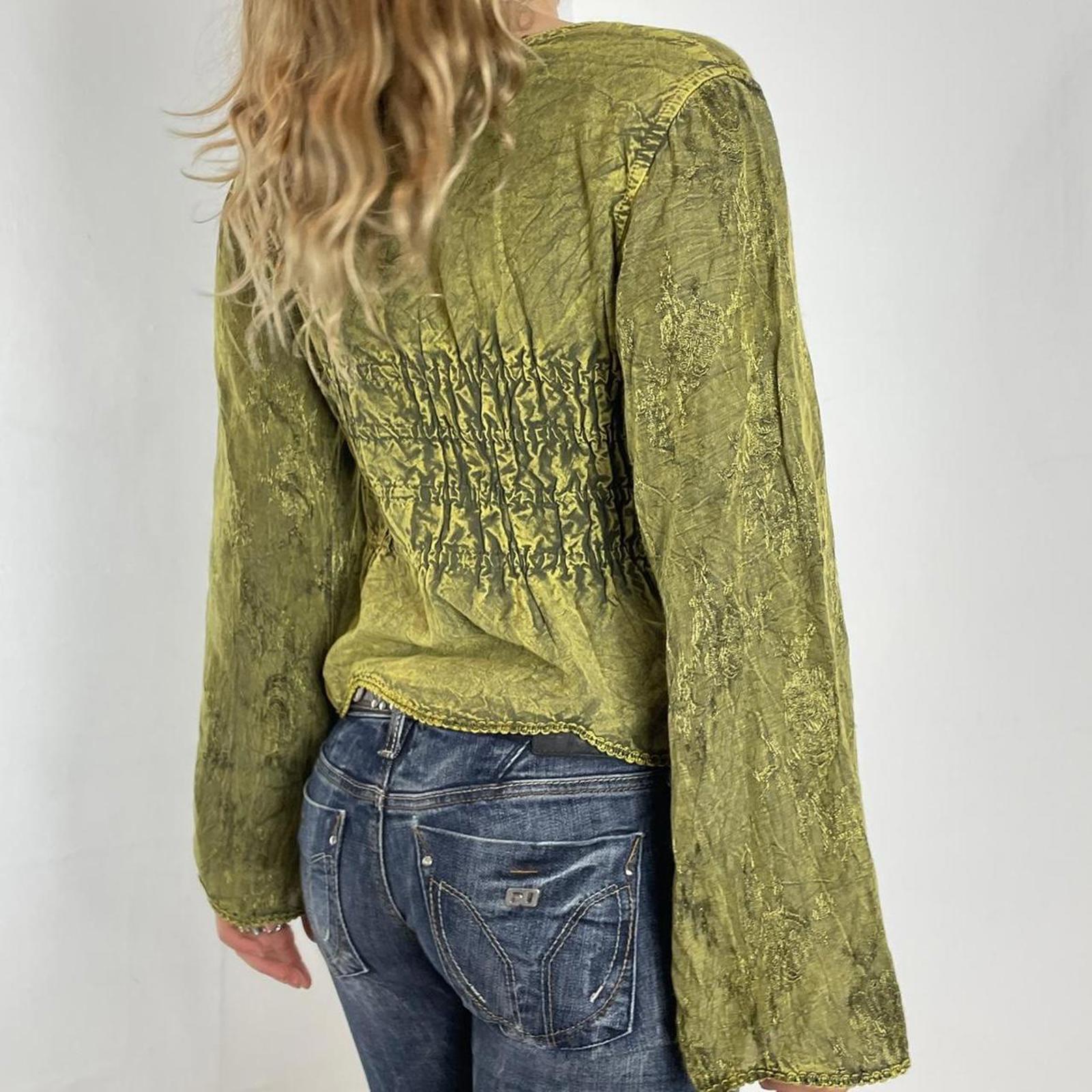 Vintage kahki green flared sleeve embelished whimsical lace up top