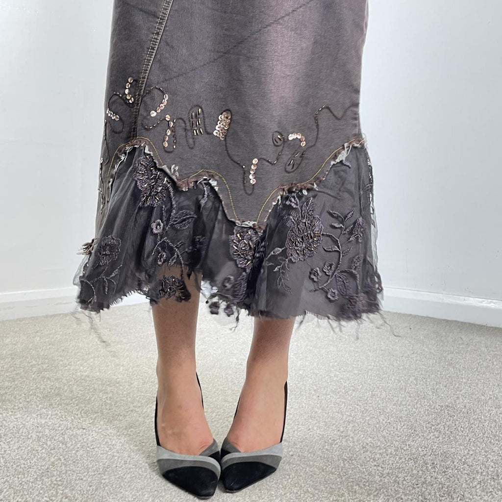 Vintage purple denim maxi skirt with embroided sequin mesh details at the bottom