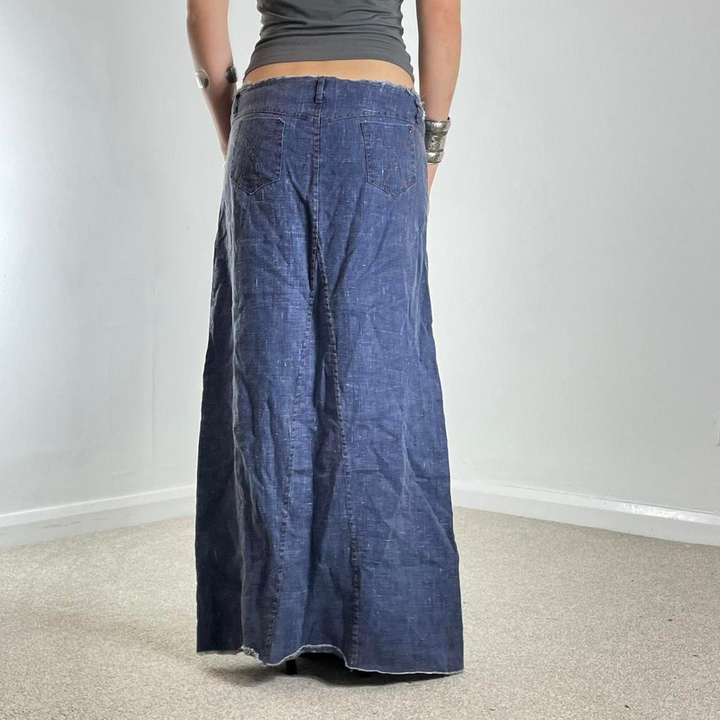 Navy blue loose flowy maxi skirt with a raw hem