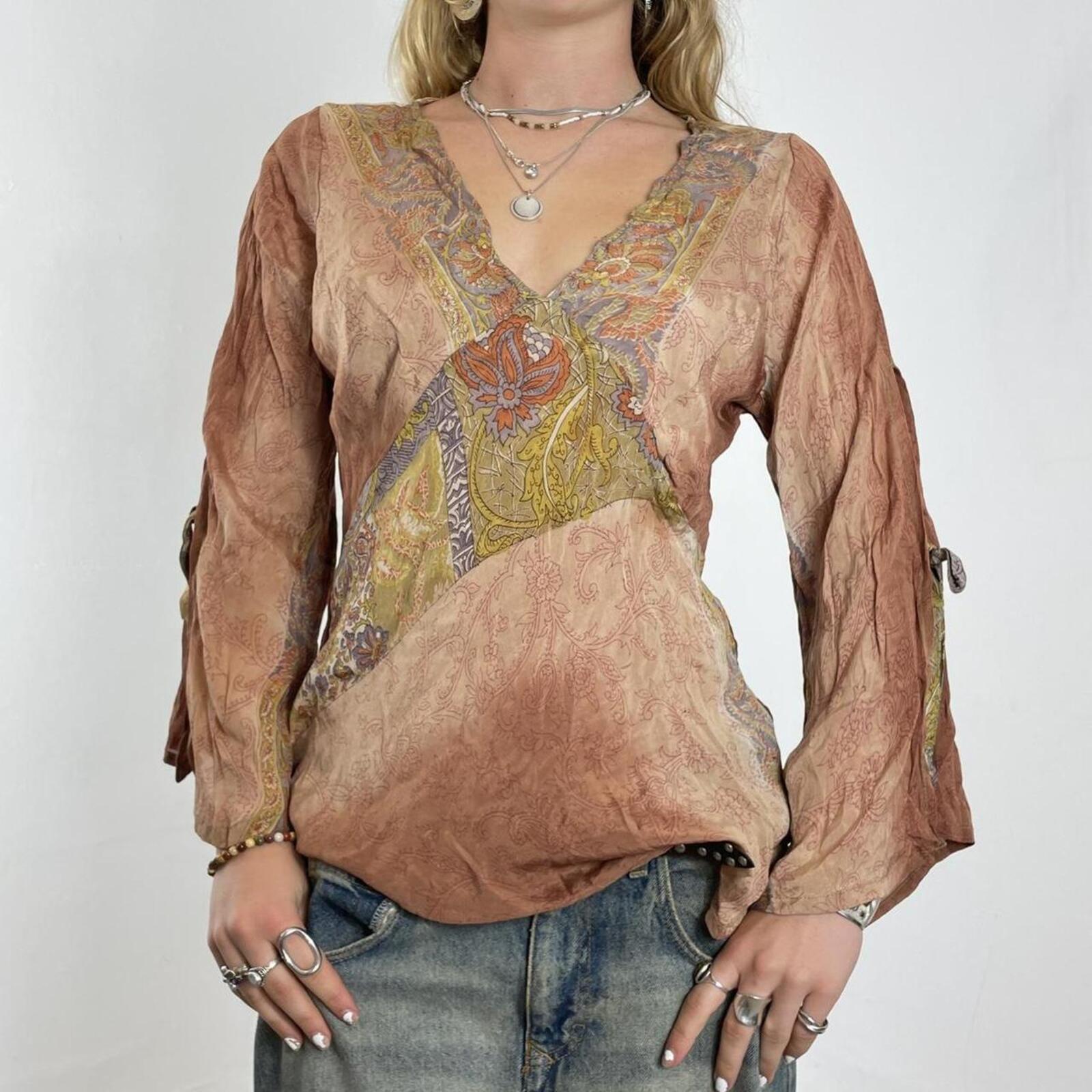 Brown bohemian silky long sleeve top