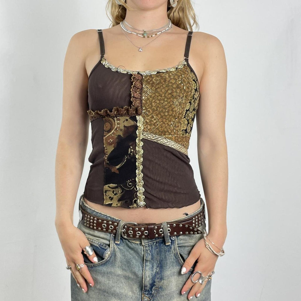 Bohimian brown patch work graphic print floral and fill trimmed cami