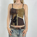 Bohimian brown patch work graphic print floral and fill trimmed cami