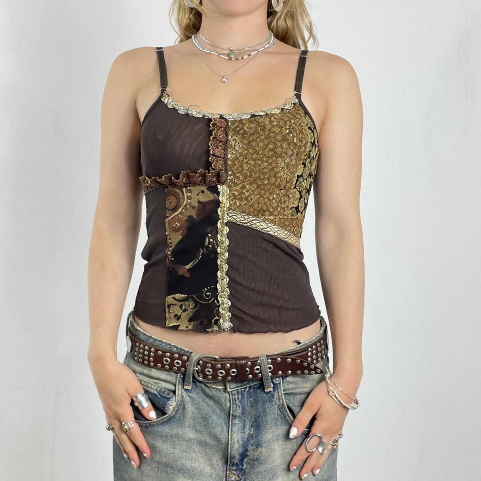 Bohimian brown patch work graphic print floral and fill trimmed cami