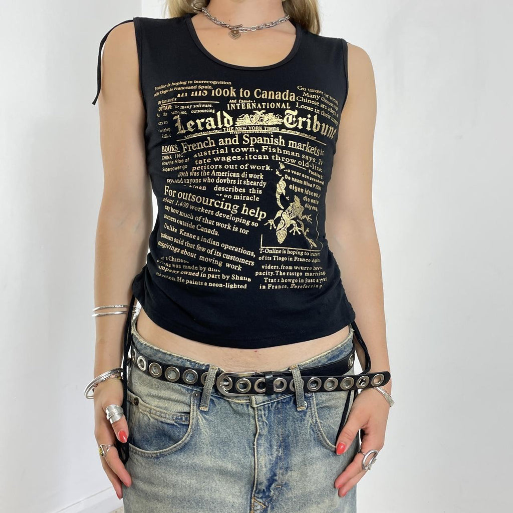 y2k Black and gold graphic tank top with adjustable straps
