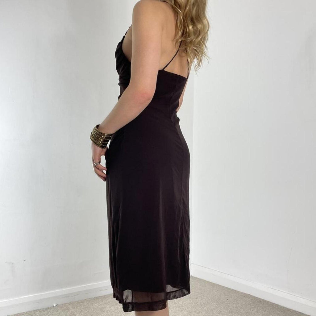 Vintage brown fitted mesh midi dress with sequin embellishments