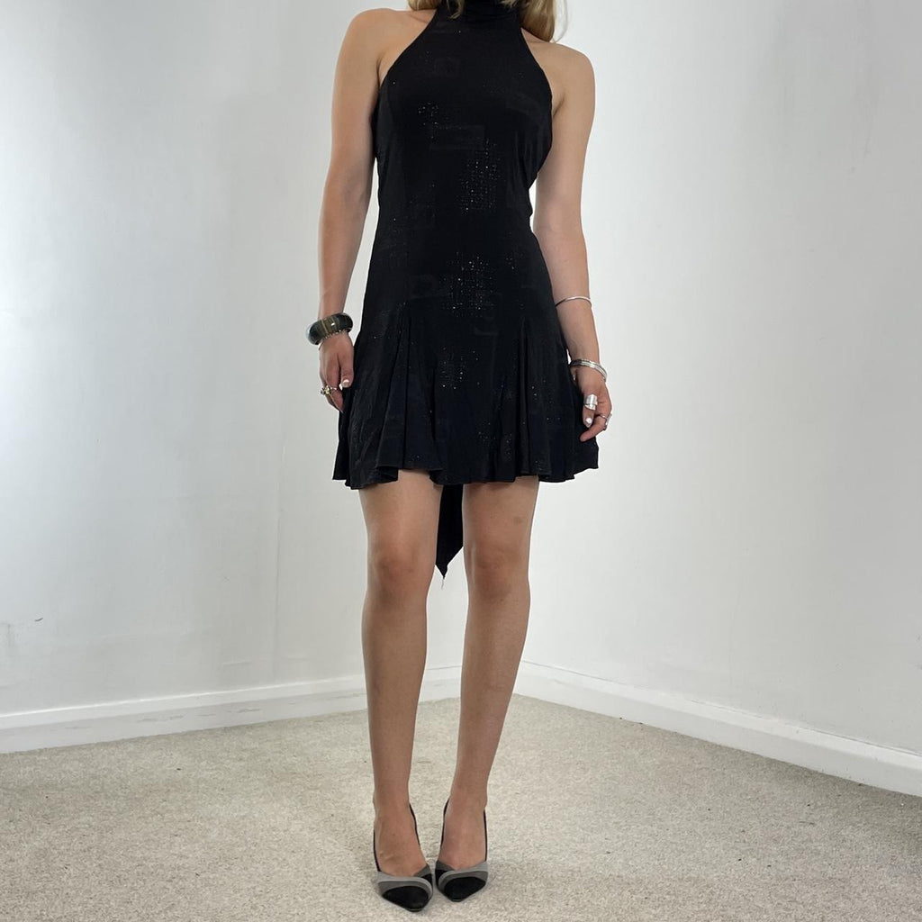 High neck sequin low cut back asymetrical evening dress