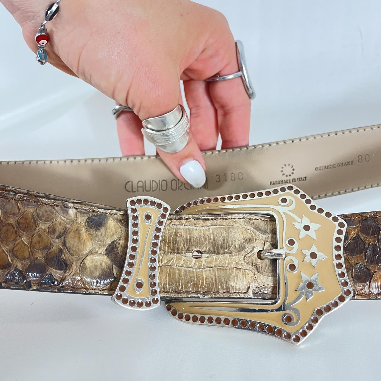 Snakeprint vintage brown leather belt with a cream buckle