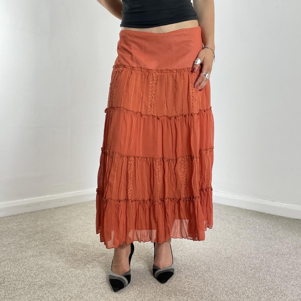 Vintage full length teired orange maxi skirt with embroided details double mesh