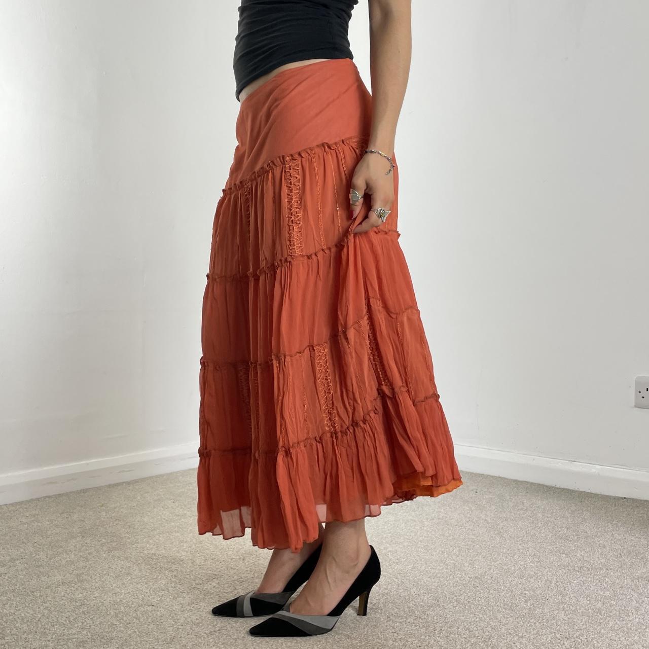Vintage full length teired orange maxi skirt with embroided details double mesh