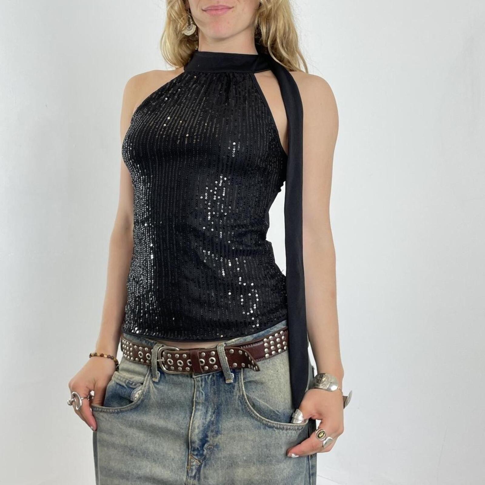 Black sequin polar neck top with a necktie !!