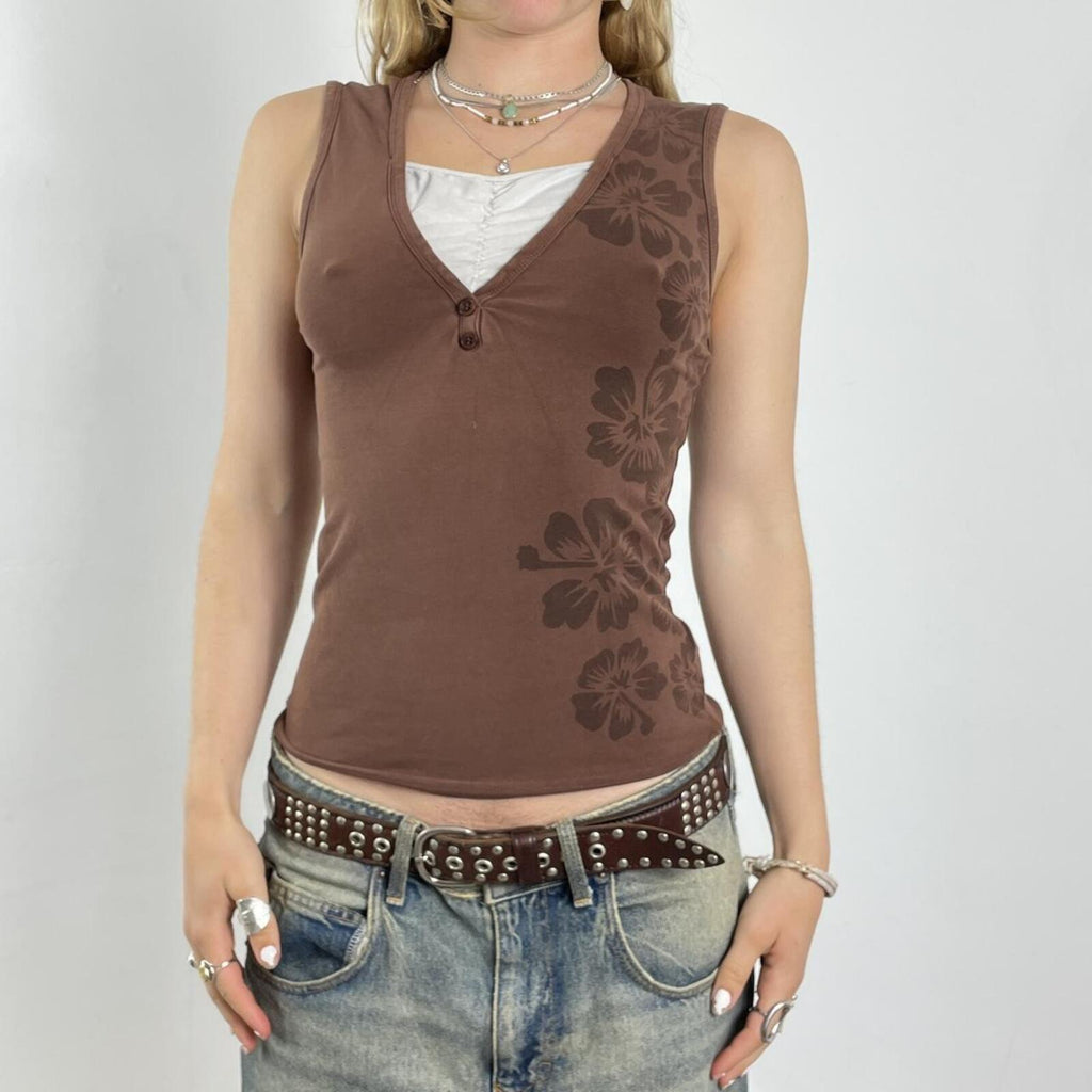 00's brown and white double layer top with floral top print