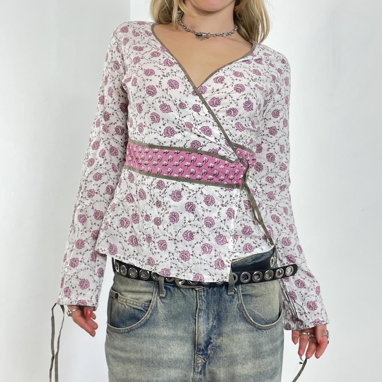 Cottagecore white and pink wrap top