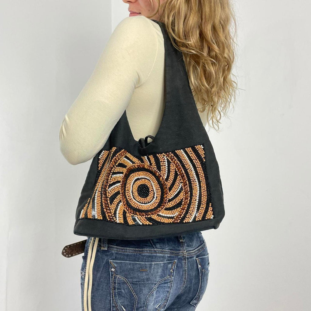 Bohemian deep brown slouch beaded bag