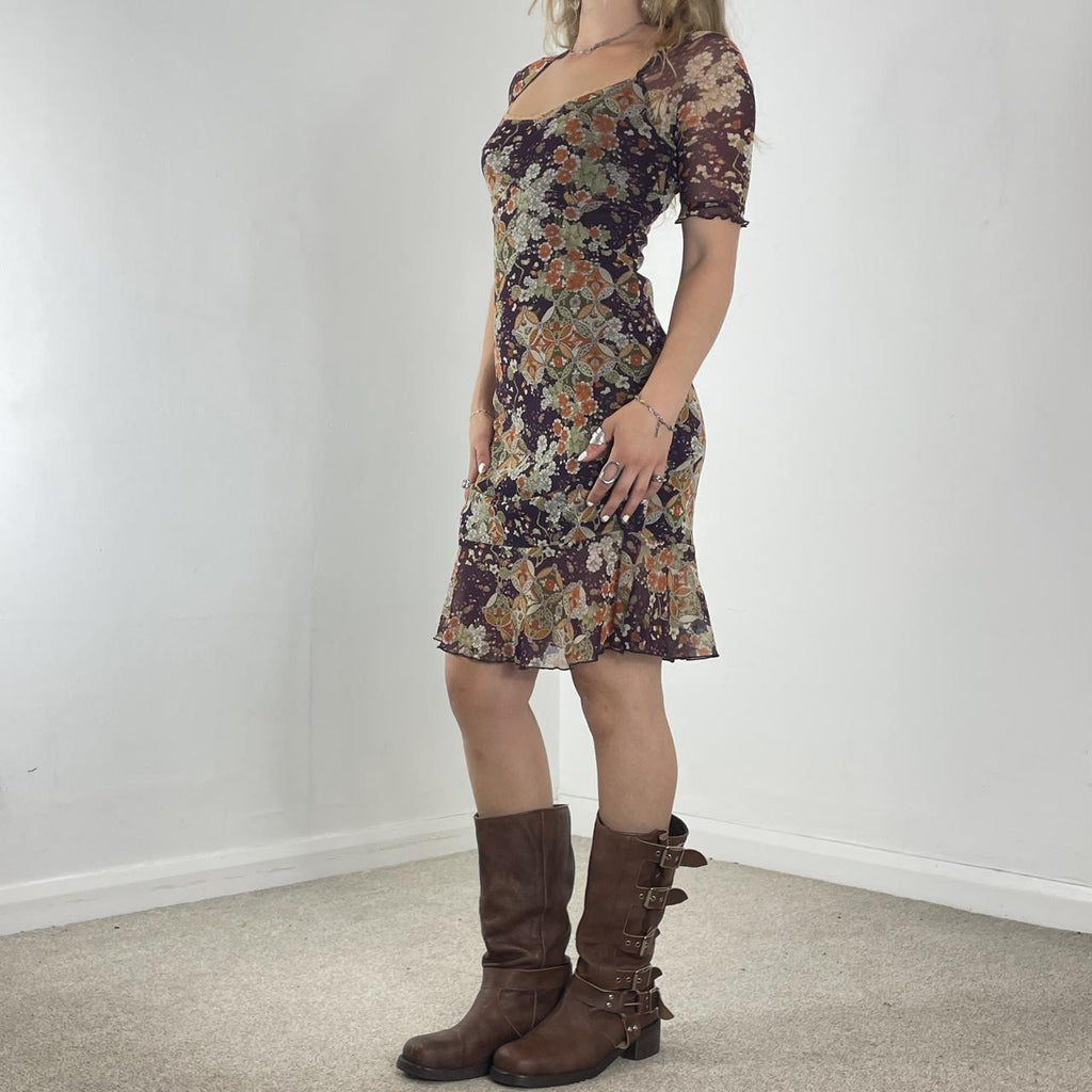 Mesh 3/4 length sleeve square neck midi dress