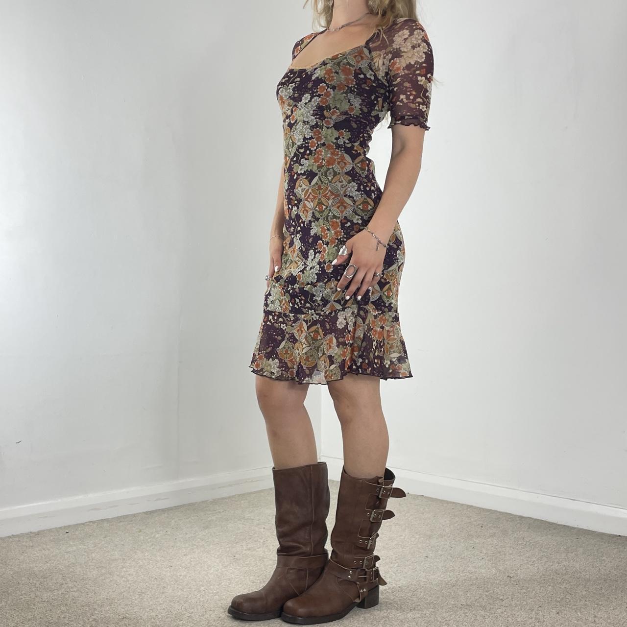 Mesh 3/4 length sleeve square neck midi dress