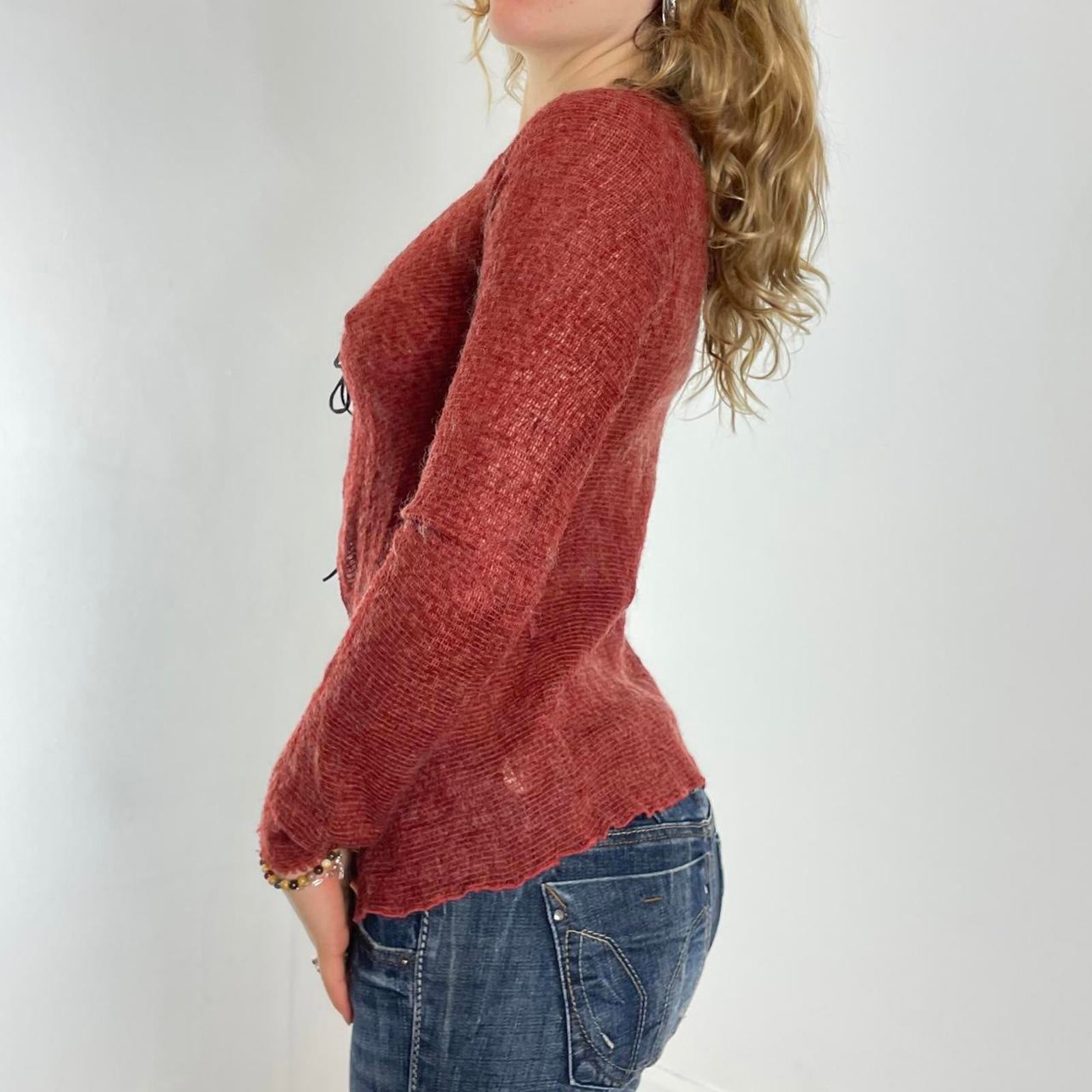00's burnt orange long sleeve cardigan tie up top