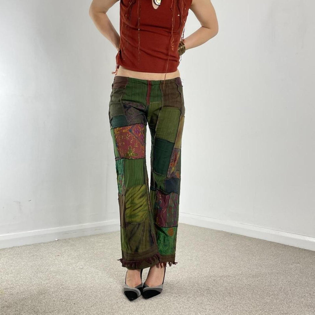 Patchwork low rise flared bohemian trousers