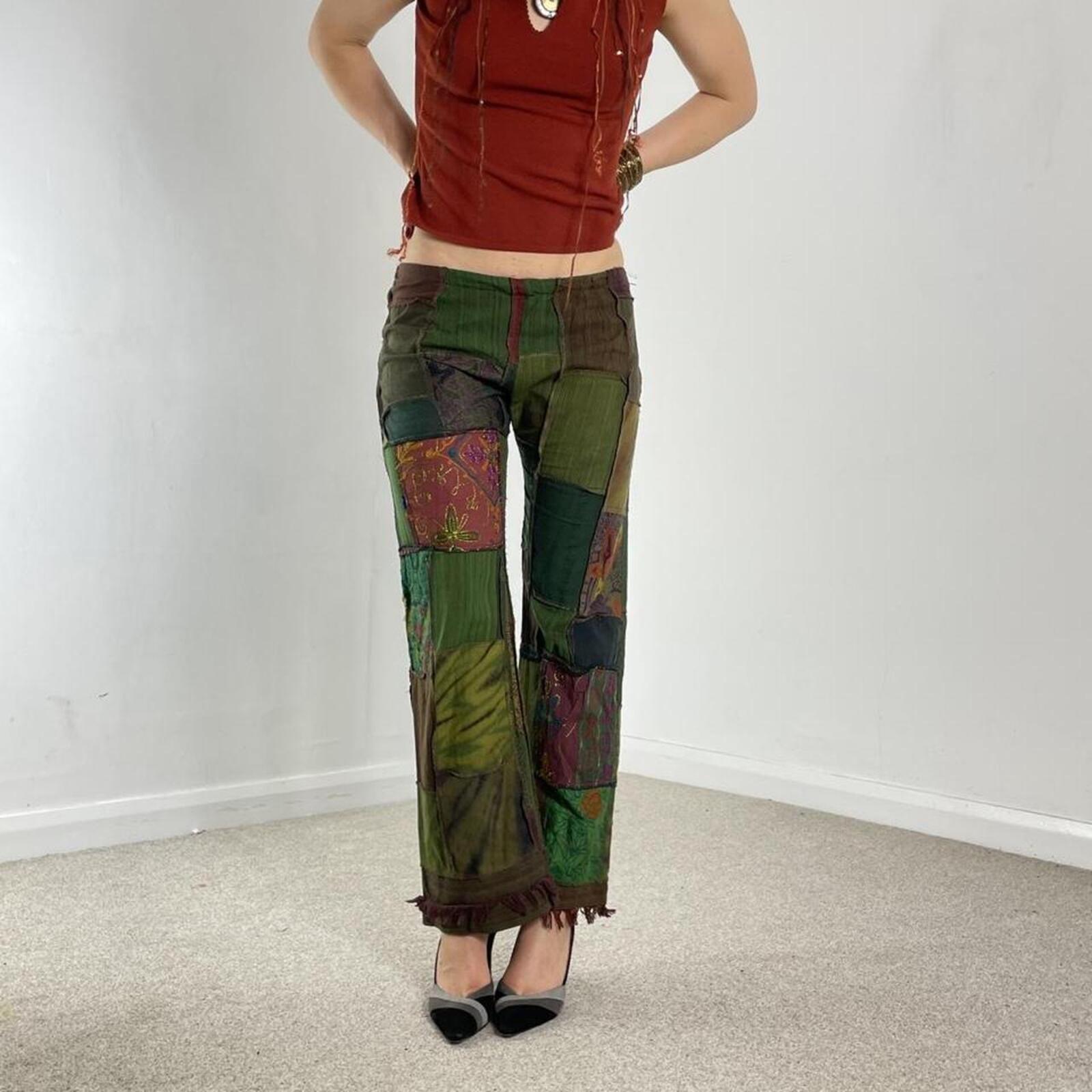 Patchwork low rise flared bohemian trousers