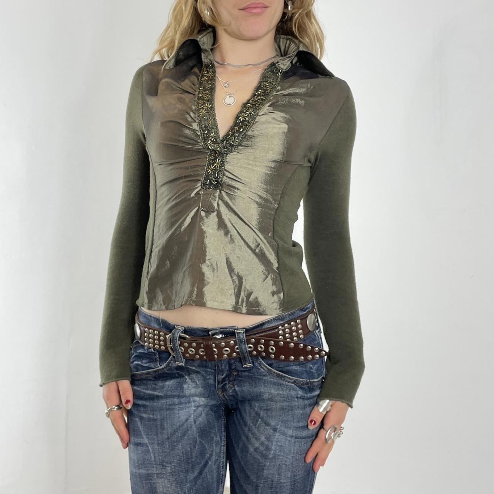 kahki green V - neck silky shirt with embroided details along the neck line and collar
