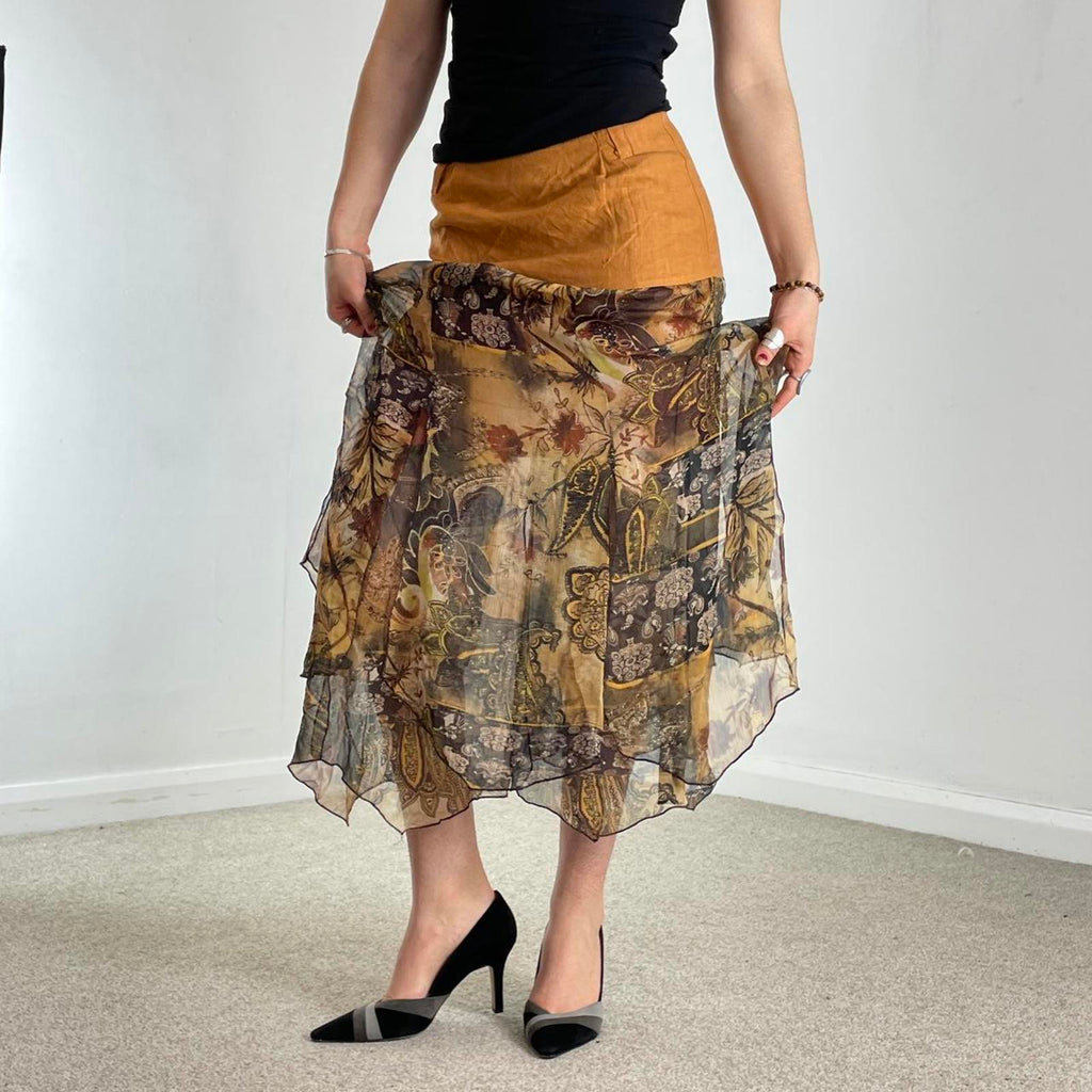 Tan bohemian multi layred mesh skirt