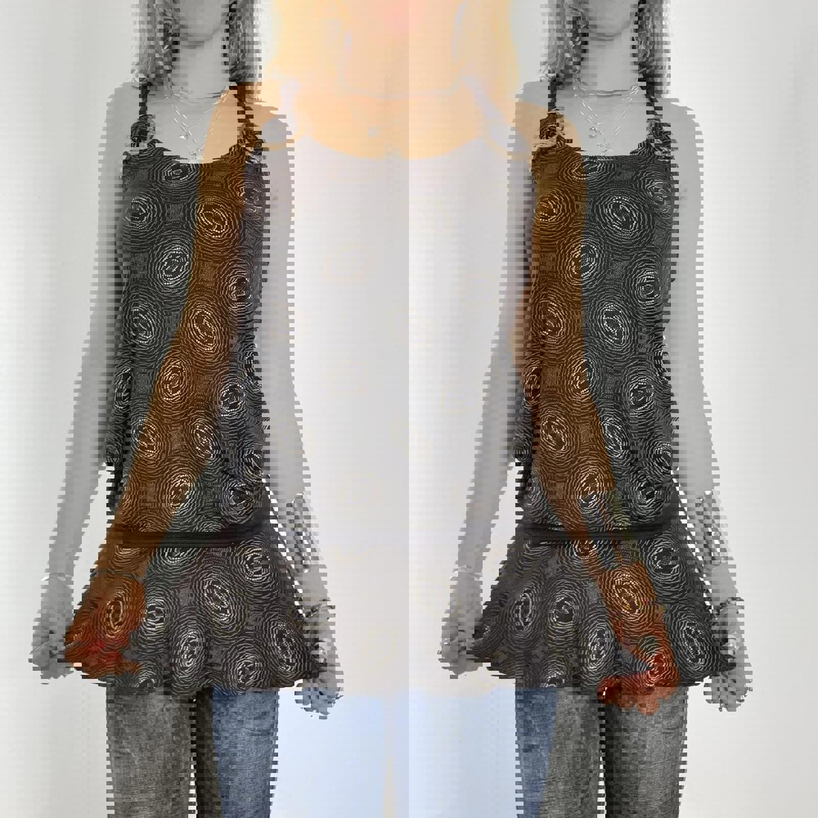 00's brown patterend longer top/dress with buckles at the top and thick brown wasit band