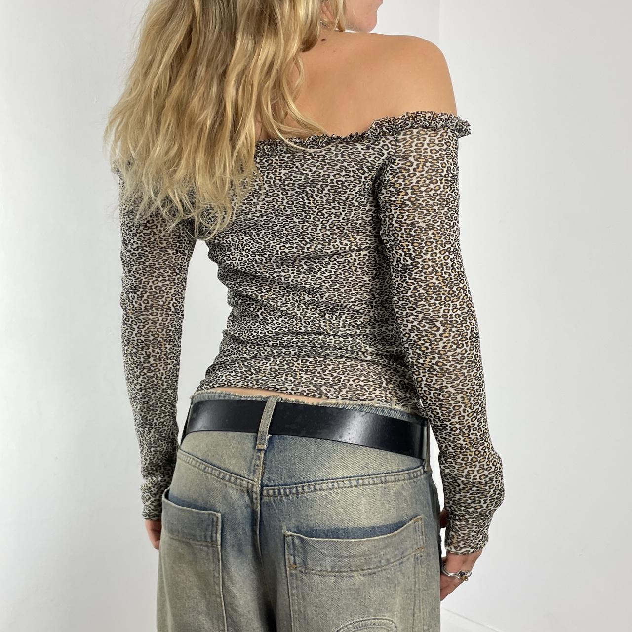 Fitted mesh ruffled off-the-shoulder leopard print