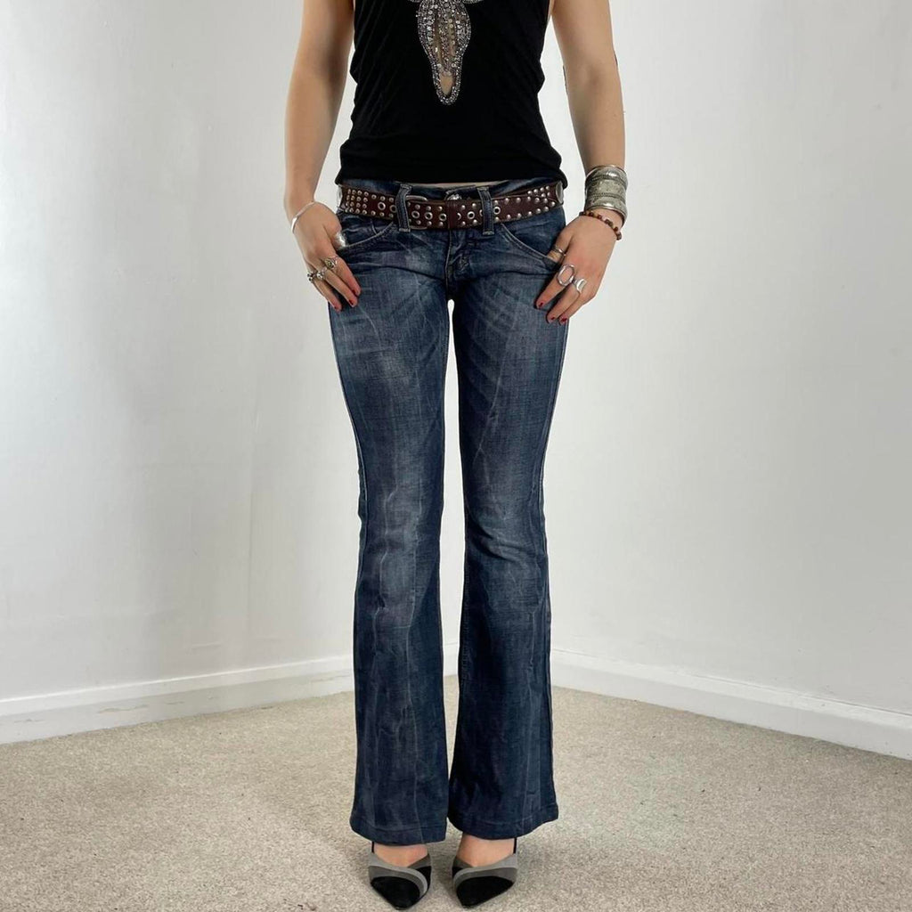 Y2K Miss Sixty lowrise bootcut jeans navy raw wash with contrastiching and embelishments