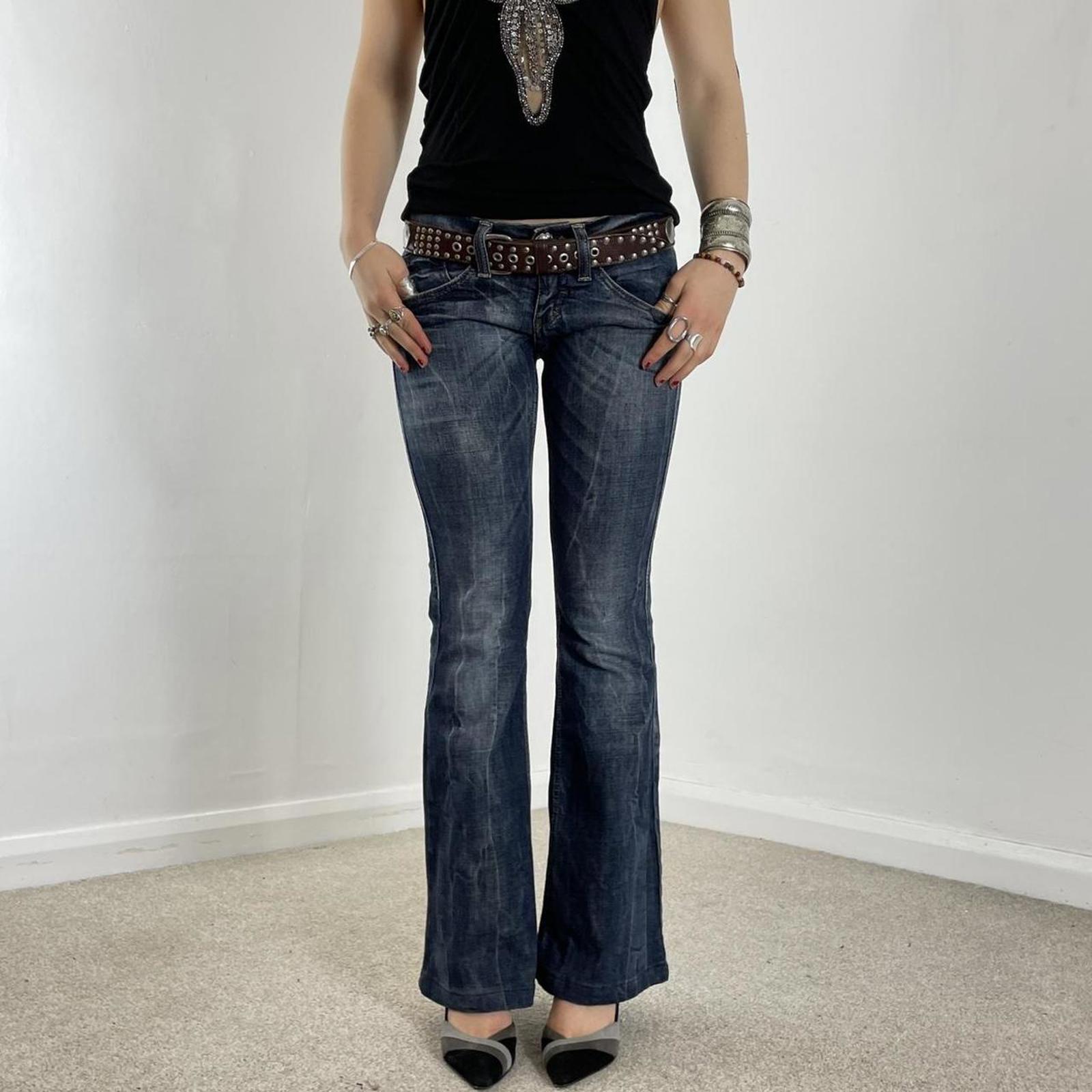 Y2K Miss Sixty lowrise bootcut jeans navy raw wash with contrastiching and embelishments