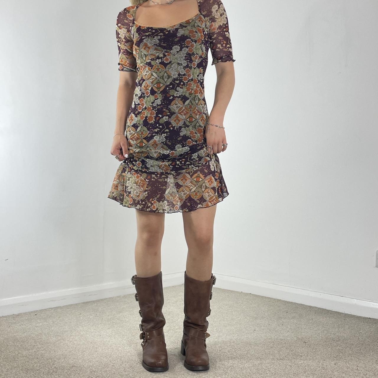 Mesh 3/4 length sleeve square neck midi dress