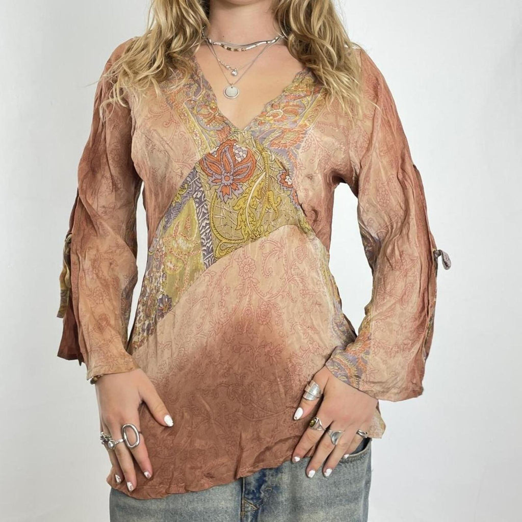 Brown bohemian silky long sleeve top