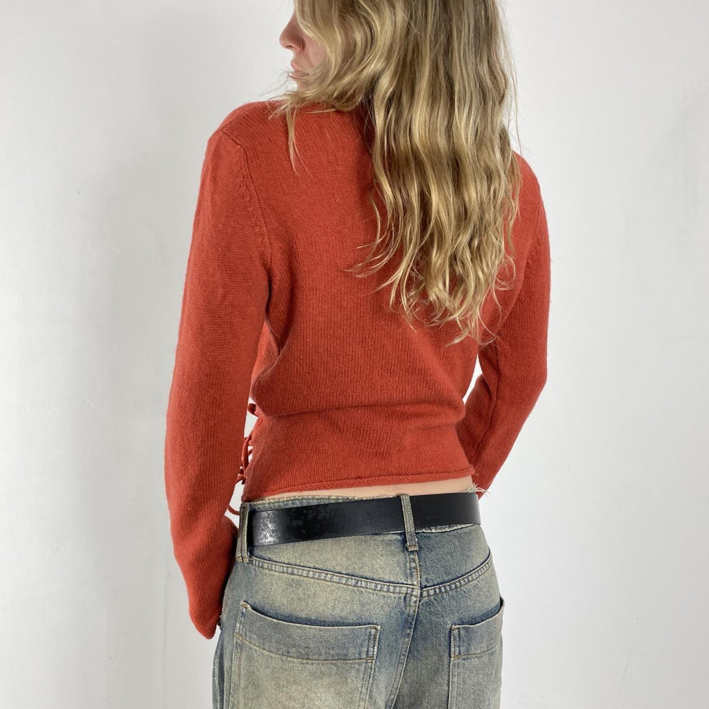Burnt orange wool v neck long sleeve wrap jumper