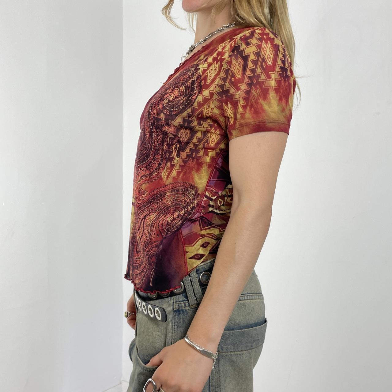 Mesh vintage red and multi coloured short sleeve top