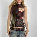 Brown panelled lace, floral turtle neck top