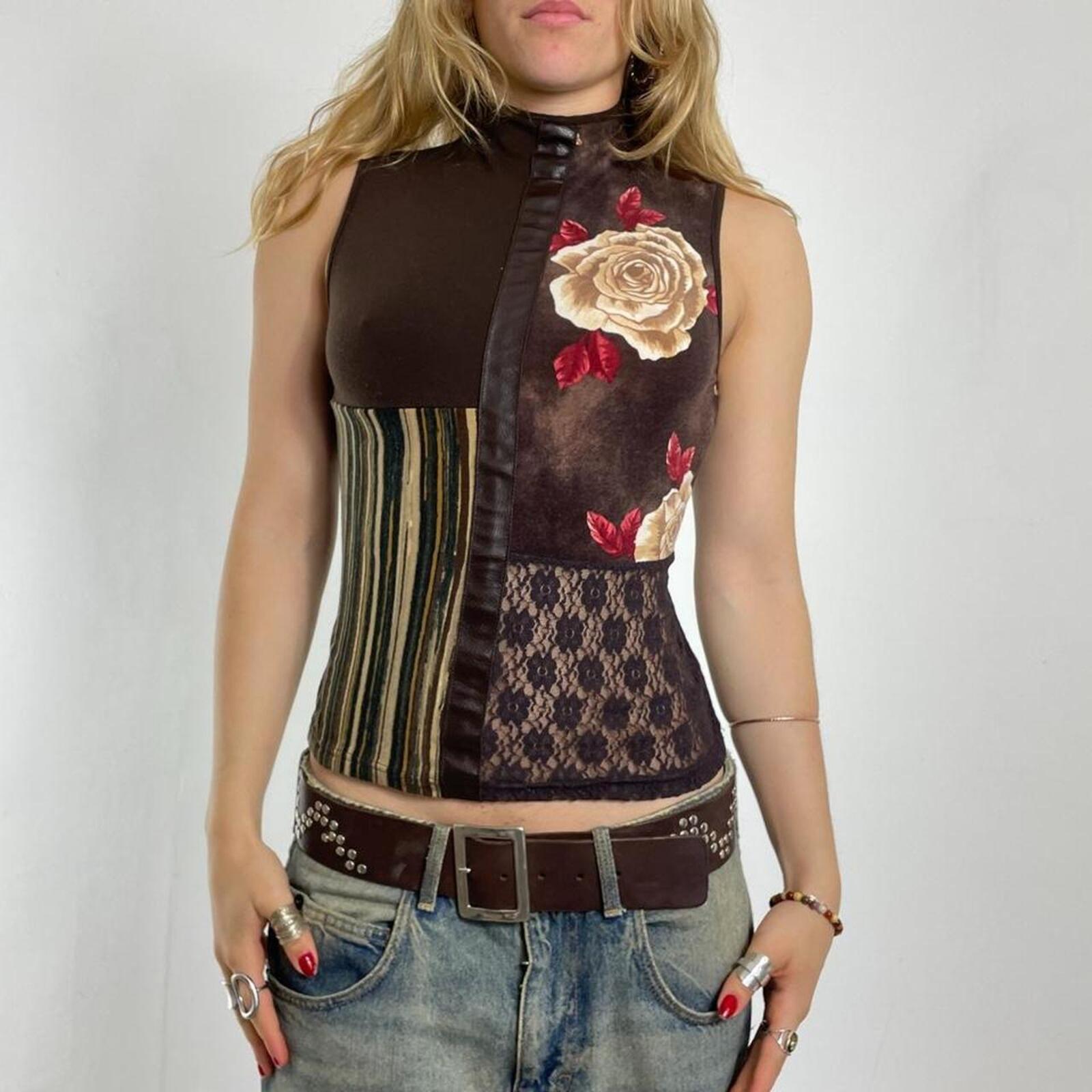 Brown panelled lace, floral turtle neck top