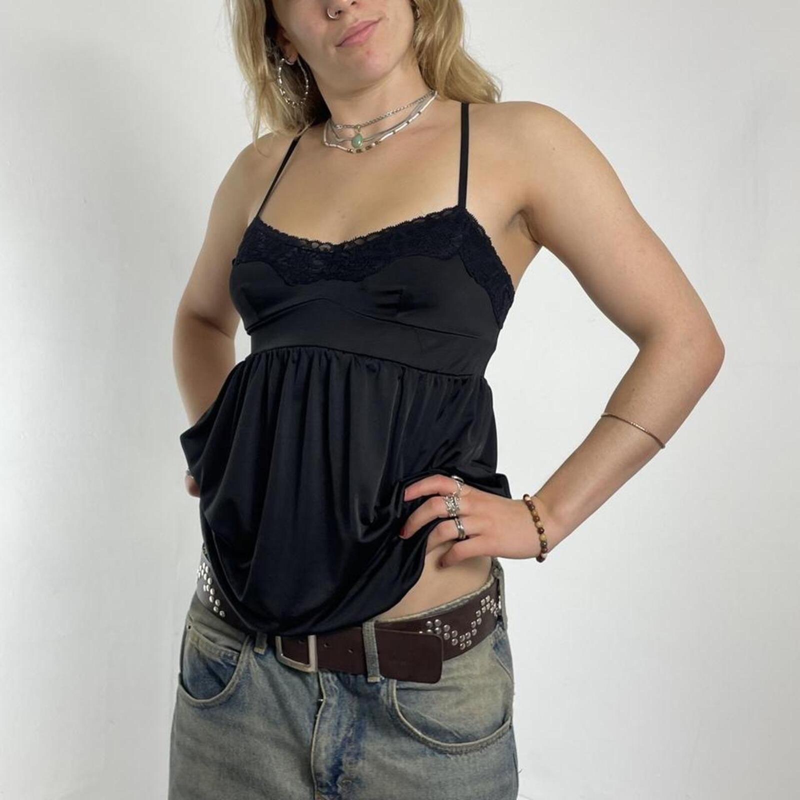 Black flared balloned cami top with lace trimmings